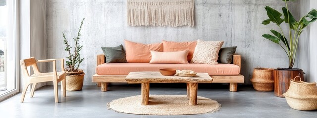 A grunge living room with concrete walls, a pastel peach sofa, light wooden furniture, and natural fabric cushions for contrast