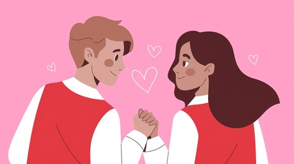 A couple holding hands, sharing love and affection against a pink background.