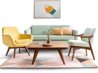 A mid century modern living room with a pastel yellow armchair, a walnut coffee table, a mint green sofa, and a geometric pastel pink rug