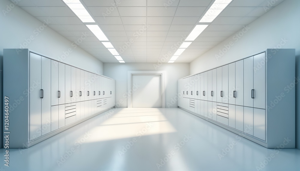 Aufkleber empty modern tech facility hall. rows of white cabinets line both walls. white floor. clean industri