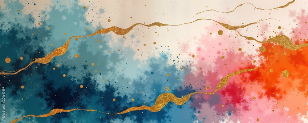 Poster abstract art design with colorful grunge texture. gold lines, splashes of pink blue, gold create vib