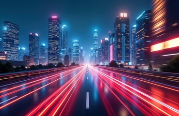 Futuristic city night view. High-speed vehicles create light trails on highway. Modern skyscrapers with neon lights. Virtual reality tech scene. Fast-paced urban landscape. Dynamic motion blur