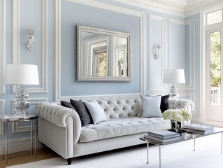 A neoclassical living room with pastel blue walls, a light gray tufted velvet sofa, ornate white moldings, and a silver framed mirror for added elegance