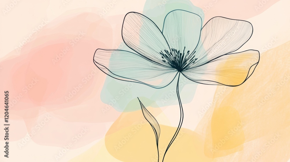 Fototapete delicate line art flower with pastel colors in a soft abstract background creating a tranquil and ar