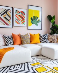 A pop art living room with pastel pink walls, bold yellow geometric patterns, a white modular sofa, and colorful abstract prints