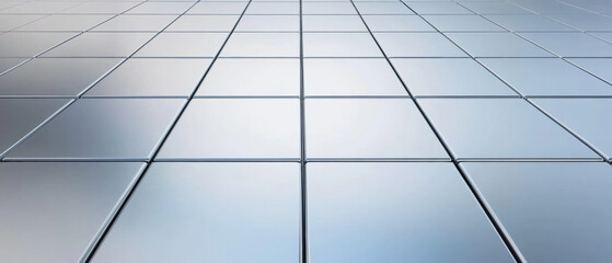 Reflective silver tiles create clean, modern surface with soft gradient