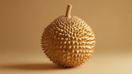 A durian fruit is prominently positioned against a neutral background, emphasizing its spiky exterior and unique shape. The setting highlights the fruit's distinctiveness and appeal.