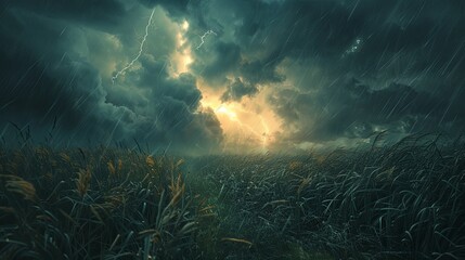Stormy weather over a grassy field with lightning