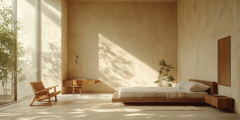 Sunlit minimalist bedroom, wooden furniture, plants, large window. Interior design