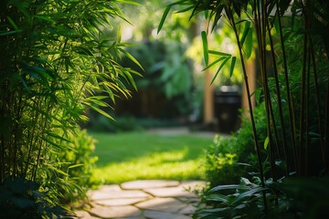 Bamboo shoots sprouting in a lush garden, blending seamlessly into a serene and natural environment