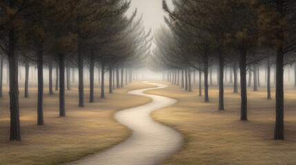 Misty Forest Path Winding Through Trees