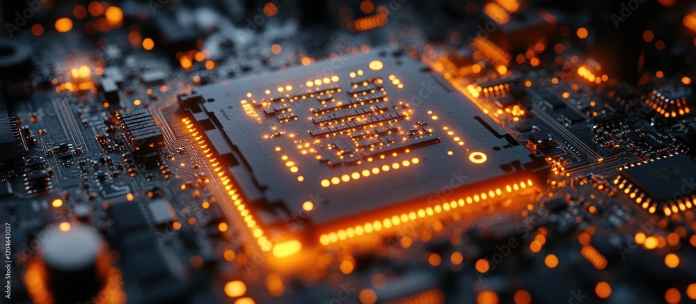 Aufkleber close-up of illuminated cpu on circuit board.
