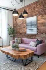 A small industrial living room with exposed brick walls, a soft pastel lavender sofa, a reclaimed wooden coffee table, and hanging black metal lamps