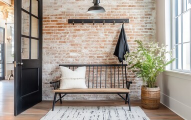 A small industrial entryway with exposed brick walls, a black metal coat rack, and a rustic wooden bench