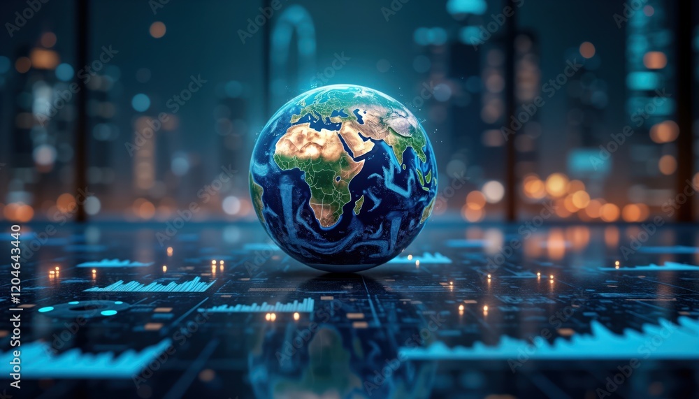 Poster digital globe of earth rests on tech surface at night. futuristic global data visualization shows ec