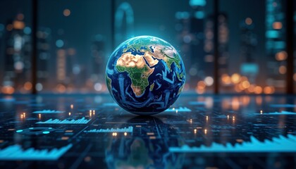 Digital globe of Earth rests on tech surface at night. Futuristic global data visualization shows eco insights. Global business tech trends. Financial information, stats displayed. Futuristic planet