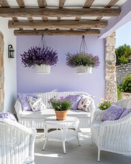 Fototapeta premium A small Provencal terrace with pastel lavender walls, white wicker furniture, floral cushions, and hanging flower pots