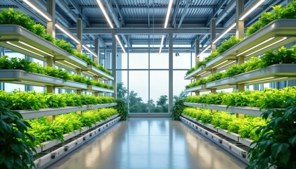 Modern indoor hydroponic farm. Plants grow in vertical shelves. High tech eco friendly agriculture. Healthy fresh produce. Interior design of greenhouse. Growing food in modern facility. Fresh
