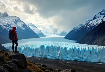 Fototapeta premium Hiker enjoys majestic glacier view. Person stands on rock in Patagonia. Big glacier stretches along lake. Dramatic mountains, sky complete scenic landscape. Wonderful winter photo. Inspiring outdoor