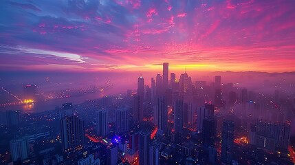 Fototapeta premium Vibrant City Skyline at Sunrise with Pink Clouds