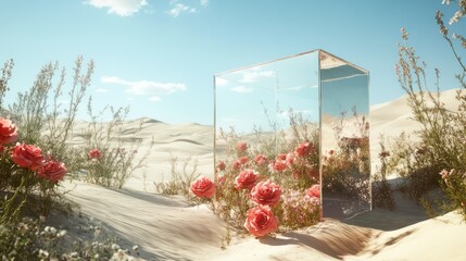 Desert Oasis Glass Cube Reflecting Roses