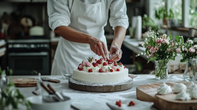 A baker's hands elegantly garnishing a strawberry-topped cake in a cozy kitchen with fresh flowers and rustic decor.