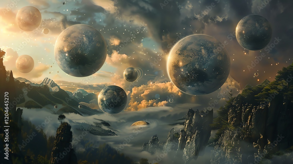 Aufkleber a beautiful landscape with a mountain range in the foreground and a starry sky with multiple moons i