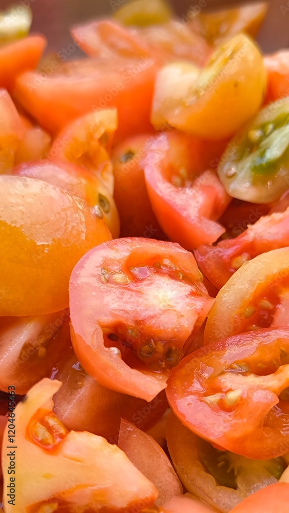 Poster Sliced ​​tomatoes for background. Prepare tomatoes for cooking.