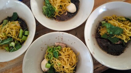 Boat noodles on the table. Thai food.