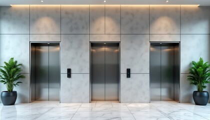 Modern office building elevator hall. Empty space. Stylish design. Stainless steel lift doors. Elegant marble floor, walls. Plants add touch of nature to contemporary interior. Quiet waiting area.
