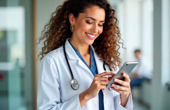 Woman doctor uses mobile phone in clinic. Smiling female physician holds tech device in modern hospital. Sending voice message audio note. Professional healthcare worker communicates by tech. Focused