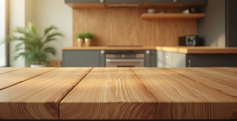 Natural wood table with light brown tone, warm lighting highlights grain, blurred steel appliances in background.