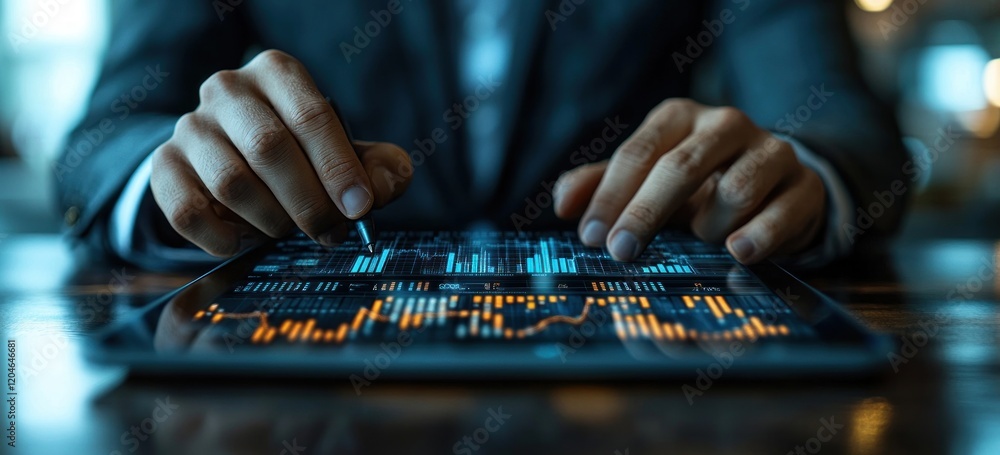 Poster businessman analyzing financial data on tablet with charts and graphs in modern office