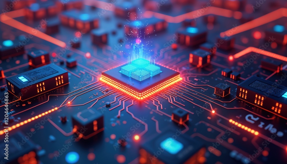 Poster Digital tech illustration shows advanced app modernization concept. Artificial intelligence, digital transformation central to application development. Computer chip glows with bright light. Complex