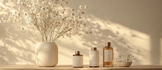 Fototapeta premium Serene Beauty Product Still Life: A minimalist arrangement showcasing elegant amber and cream bottles, delicate dried flowers, bathed in soft sunlight. Perfect for skincare or cosmetic brands.