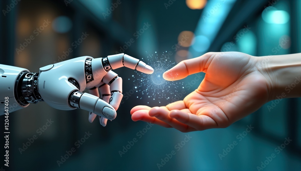 Poster futuristic image shows robot hand touching human hand. digital interface graphic touch shows data ne