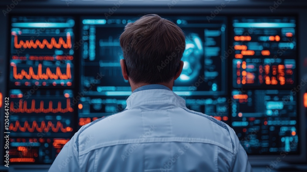 Poster scientist analyzing data on futuristic display in laboratory setting