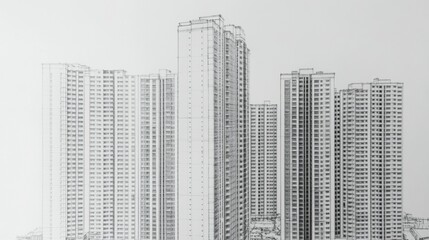 Urban landscape high-contrast architectural drawing of skyscrapers in modern city