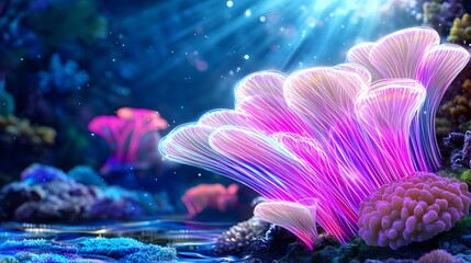 Obraz premium glowing neon coral reef underwater scene - bioluminescence