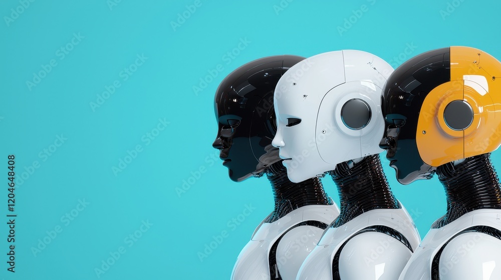 Poster futuristic robot models with distinctive designs on blue background
