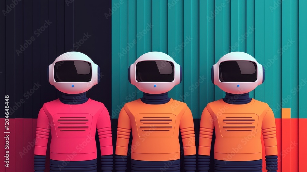 Poster Three Colorful Retro Robot Characters Against Abstract Background