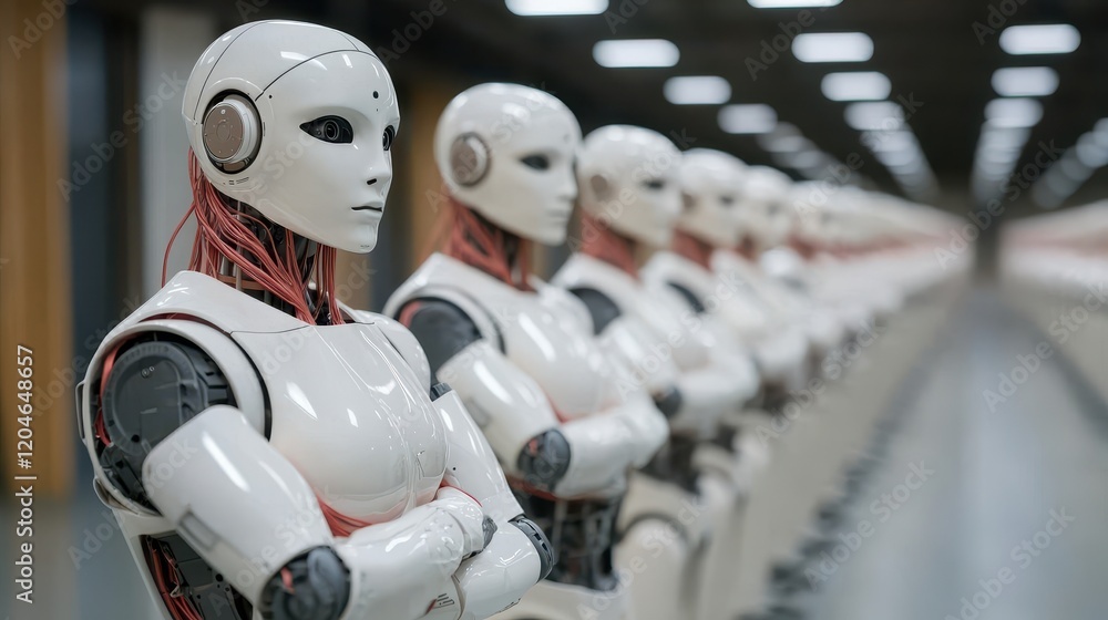 Poster futuristic robots standing in a high-tech environment