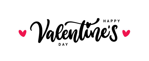 Valentines day black text with red hearts in white background.