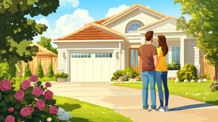 a young couple stands together lovingly in the bright sunny front yard of their new house with beautiful lawn and roses. positive emotion with copy space new first time home owner concept