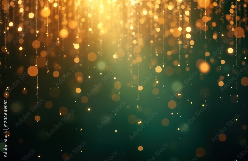 Aufkleber Abstract backdrop with golden, green shimmering particles falling like rain against dark background. Dynamic flow of glittering particles creates captivating visual effect. Modern abstract design.