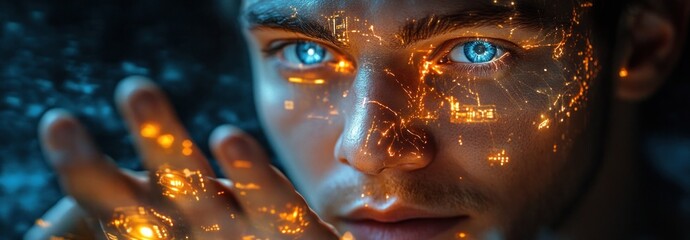 Business Professional Engaging with Holographic Interfaces in Cyberpunk Office