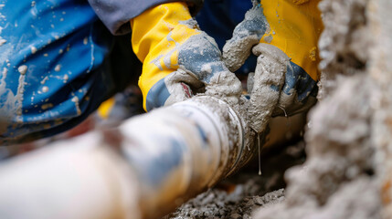 Obraz premium Repairing PVC pipe with hands covered in cement and wearing gloves