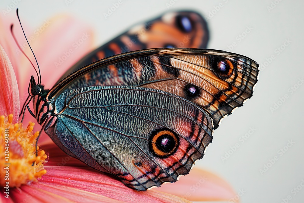 Poster close-up view of butterfly wings displaying intricate details on flower petal. generative ai