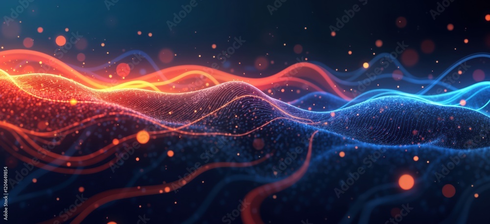 Poster abstract neon glowing background shows dynamic motion of curves lines, light flares. vibrant colors 