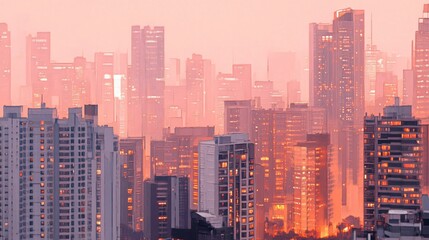 Pink Sunset Cityscape, Stunning Modern Buildings at Dusk